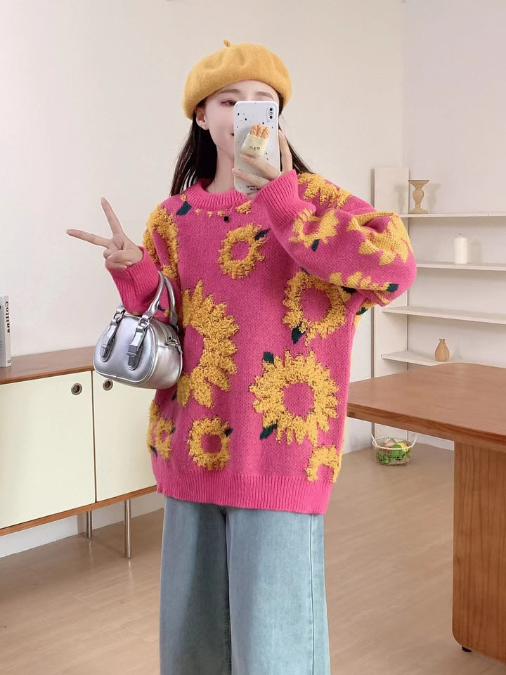 Damer Grovstickad Tröja med Florala Applikationer Eva Jonsson-Eva Jonsson