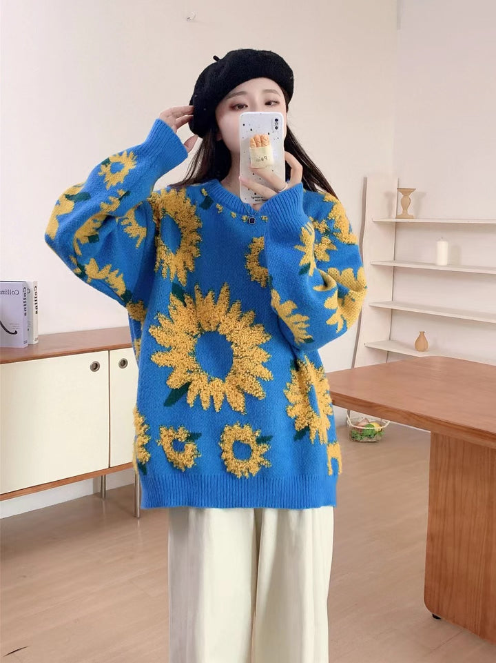 Damer Grovstickad Tröja med Florala Applikationer Eva Jonsson-Eva Jonsson