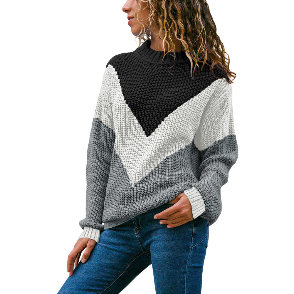 Damer Grovstickad Tröja med modern V-Hals och Färgblockdesign Eva Jonsson-Eva Jonsson