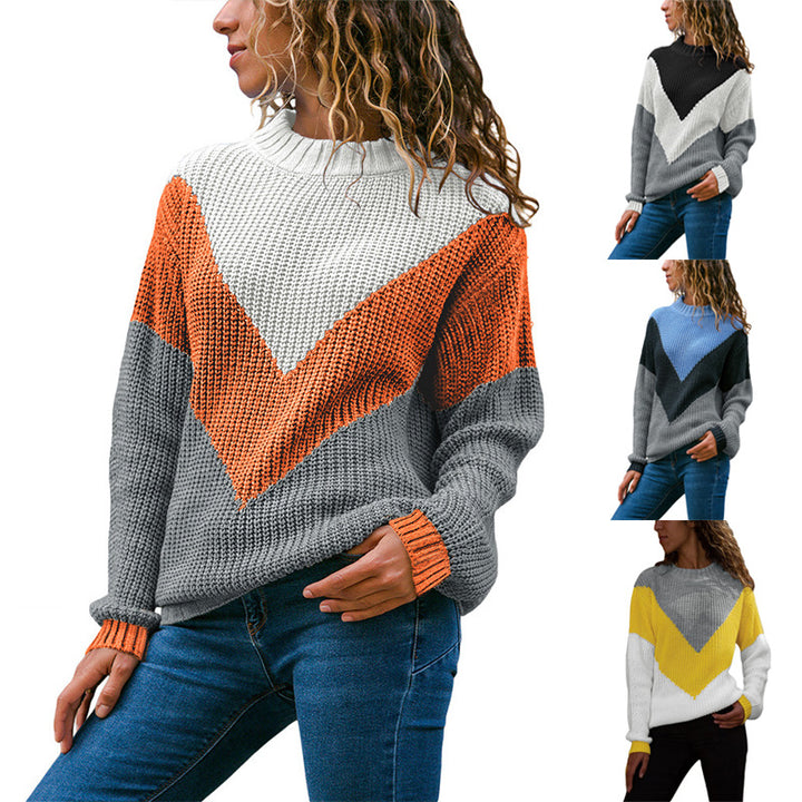 Damer Grovstickad Tröja med modern V-Hals och Färgblockdesign Eva Jonsson-Eva Jonsson