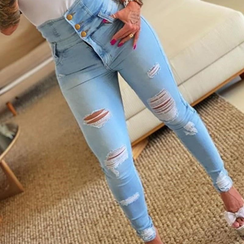 Damer High-Waist Jeans med distressed effekt och knapppdetaljer Eva Jonsson-Eva Jonsson