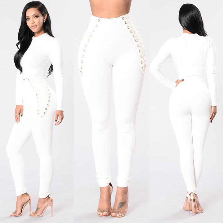 Damer Högmidjade leggings med dekorativ snördesign Mirla-Eva Jonsson