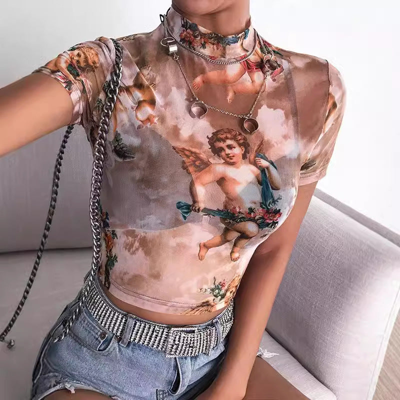 Damer Högsnittad Crop-Top med romantiska ängelmönster Mirla-Eva Jonsson