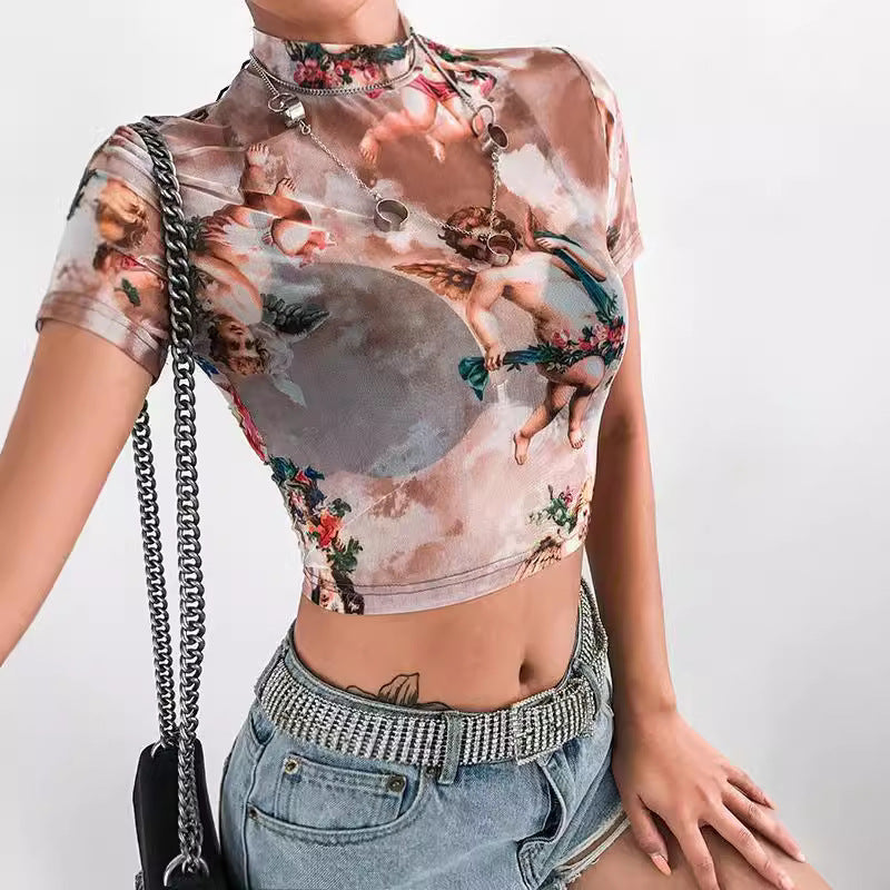 Damer Högsnittad Crop-Top med romantiska ängelmönster Mirla-Eva Jonsson
