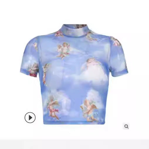Damer Högsnittad Crop-Top med romantiska ängelmönster Mirla-Eva Jonsson