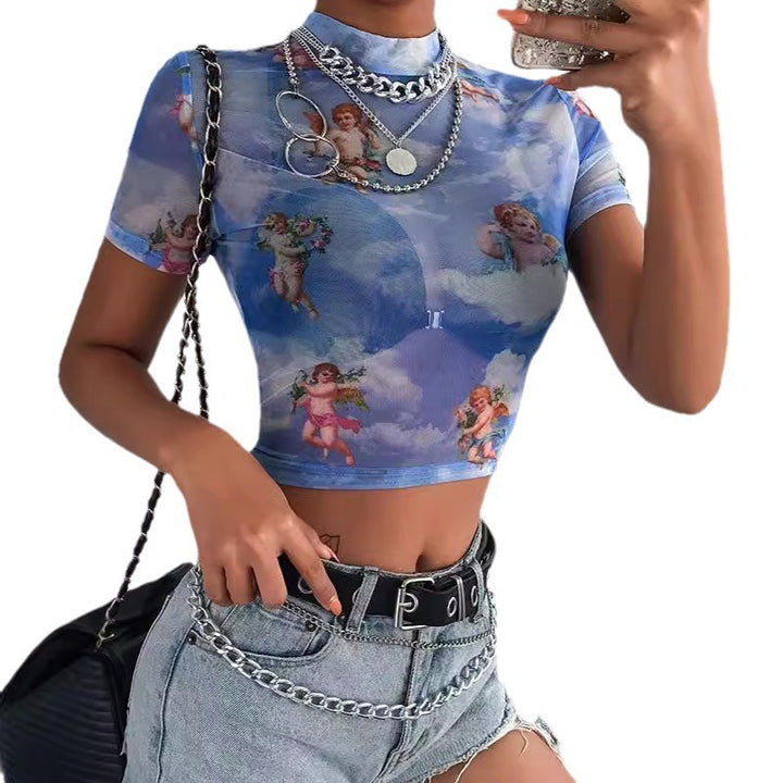 Damer Högsnittad Crop-Top med romantiska ängelmönster Mirla-Eva Jonsson