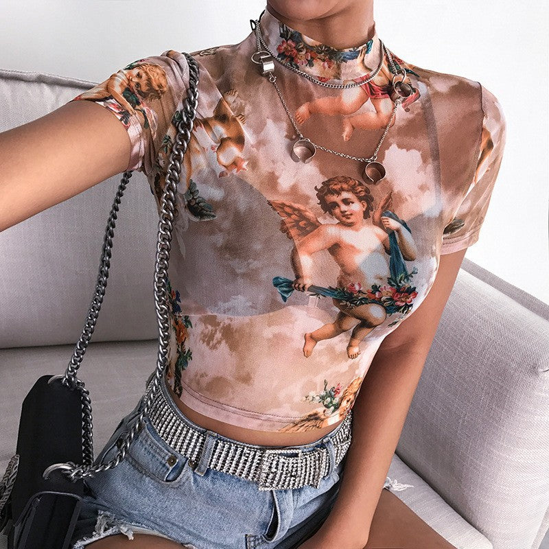 Damer Högsnittad Crop-Top med romantiska ängelmönster Mirla-Eva Jonsson