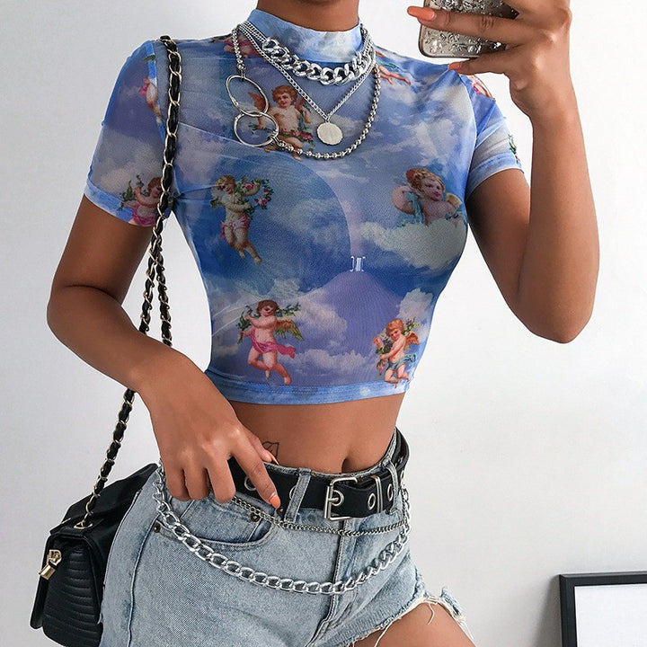 Damer Högsnittad Crop-Top med romantiska ängelmönster Mirla-Eva Jonsson