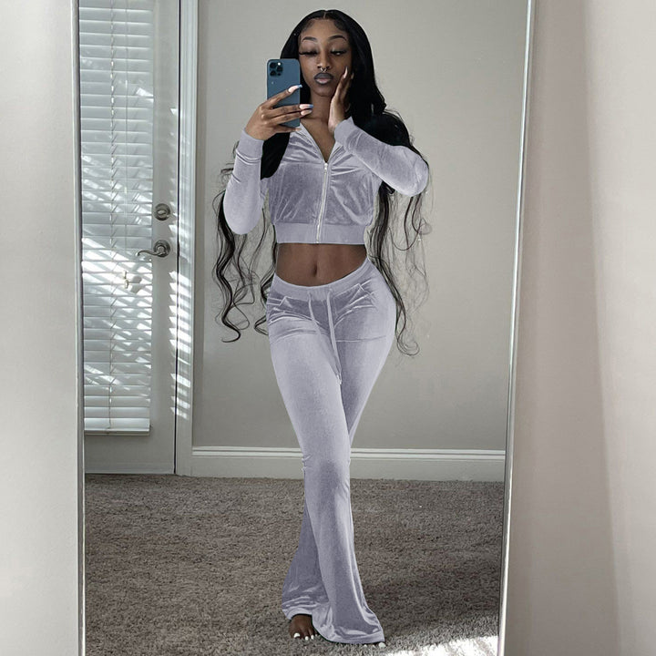 Damer Komfortabel Lounge-set i mjuk velour med zip-överkropp och vida ben Eva Jonsson-Eva Jonsson