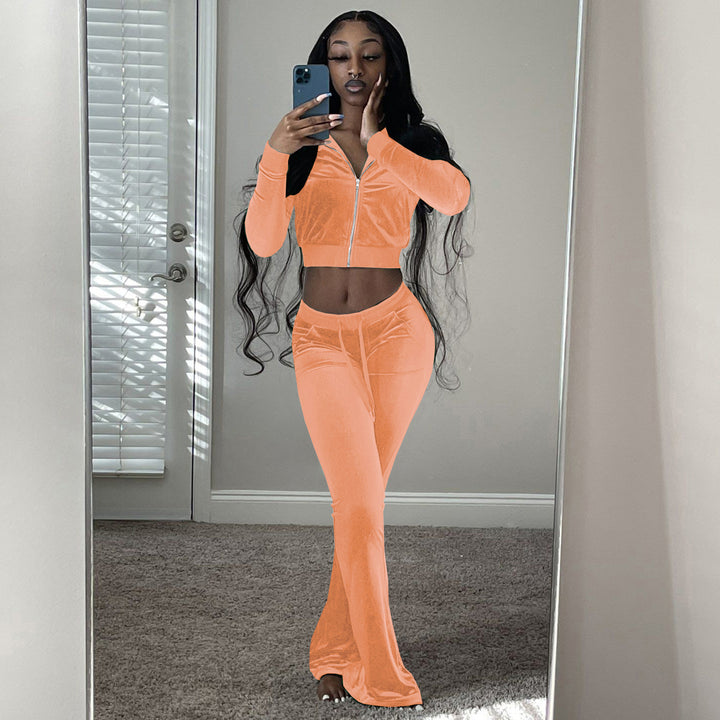 Damer Komfortabel Lounge-set i mjuk velour med zip-överkropp och vida ben Eva Jonsson-Eva Jonsson