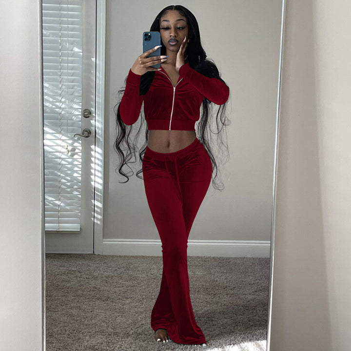 Damer Komfortabel Lounge-set i mjuk velour med zip-överkropp och vida ben Eva Jonsson-Eva Jonsson