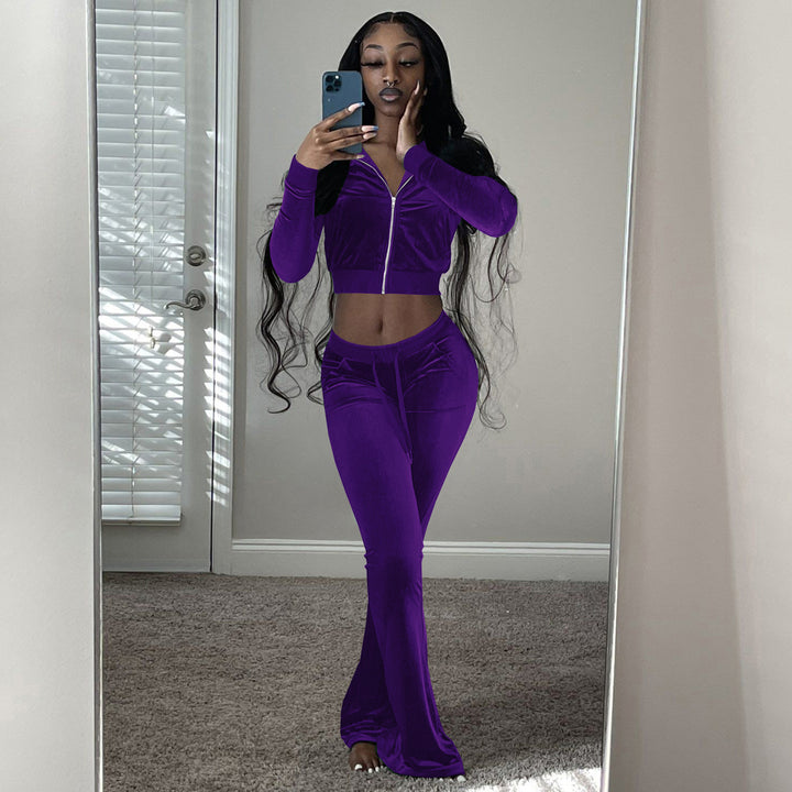 Damer Komfortabel Lounge-set i mjuk velour med zip-överkropp och vida ben Eva Jonsson-Eva Jonsson