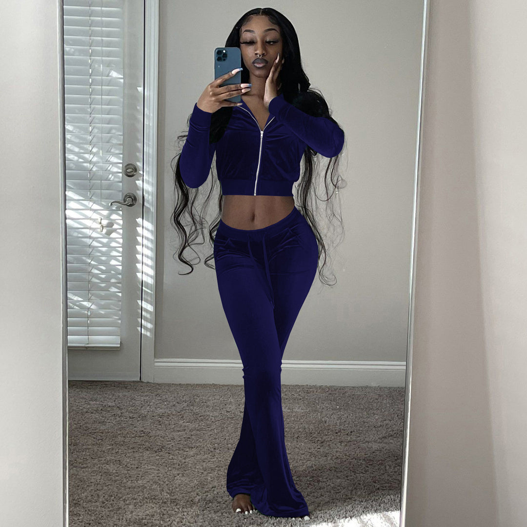 Damer Komfortabel Lounge-set i mjuk velour med zip-överkropp och vida ben Eva Jonsson-Eva Jonsson