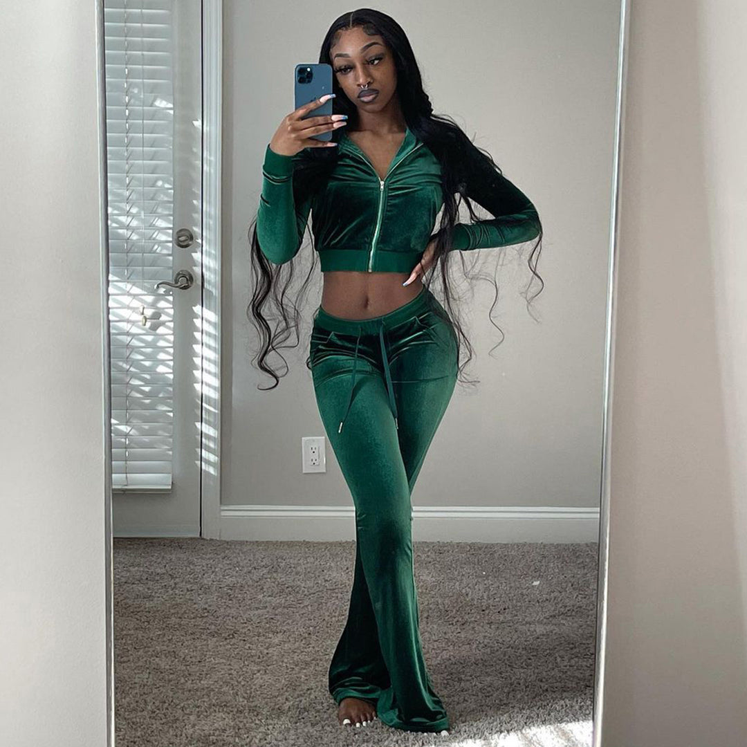 Damer Komfortabel Lounge-set i mjuk velour med zip-överkropp och vida ben Eva Jonsson-Eva Jonsson