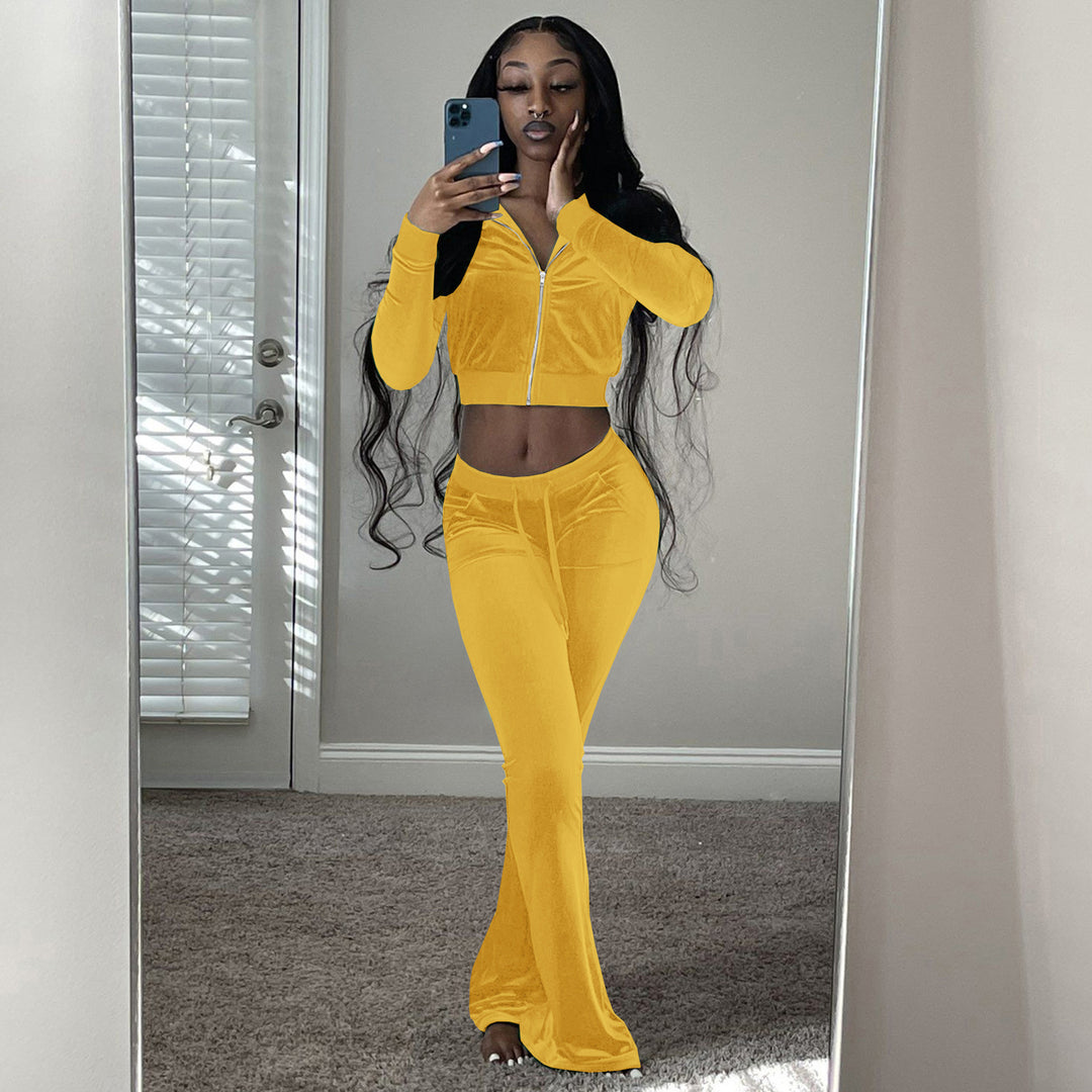 Damer Komfortabel Lounge-set i mjuk velour med zip-överkropp och vida ben Eva Jonsson-Eva Jonsson