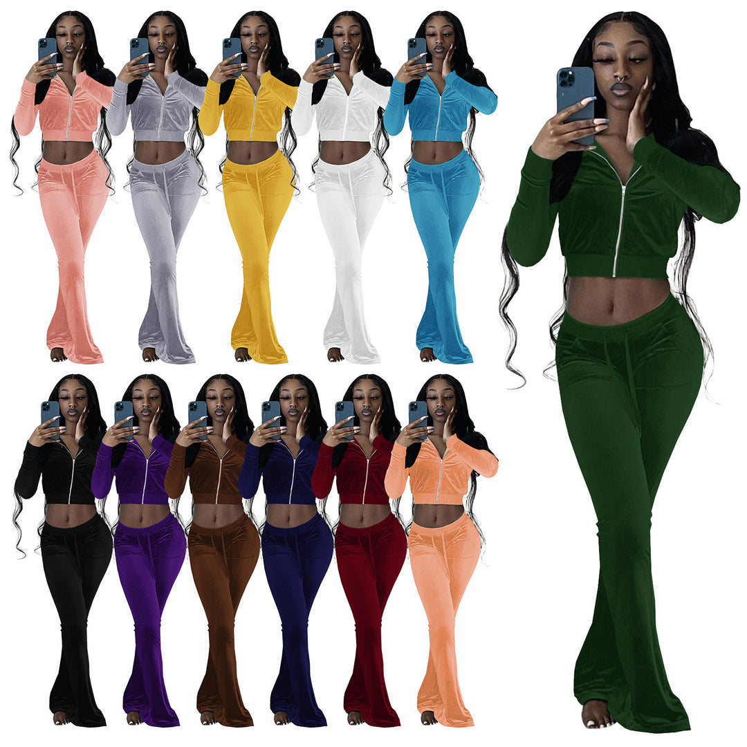 Damer Komfortabel Lounge-set i mjuk velour med zip-överkropp och vida ben Eva Jonsson-Eva Jonsson