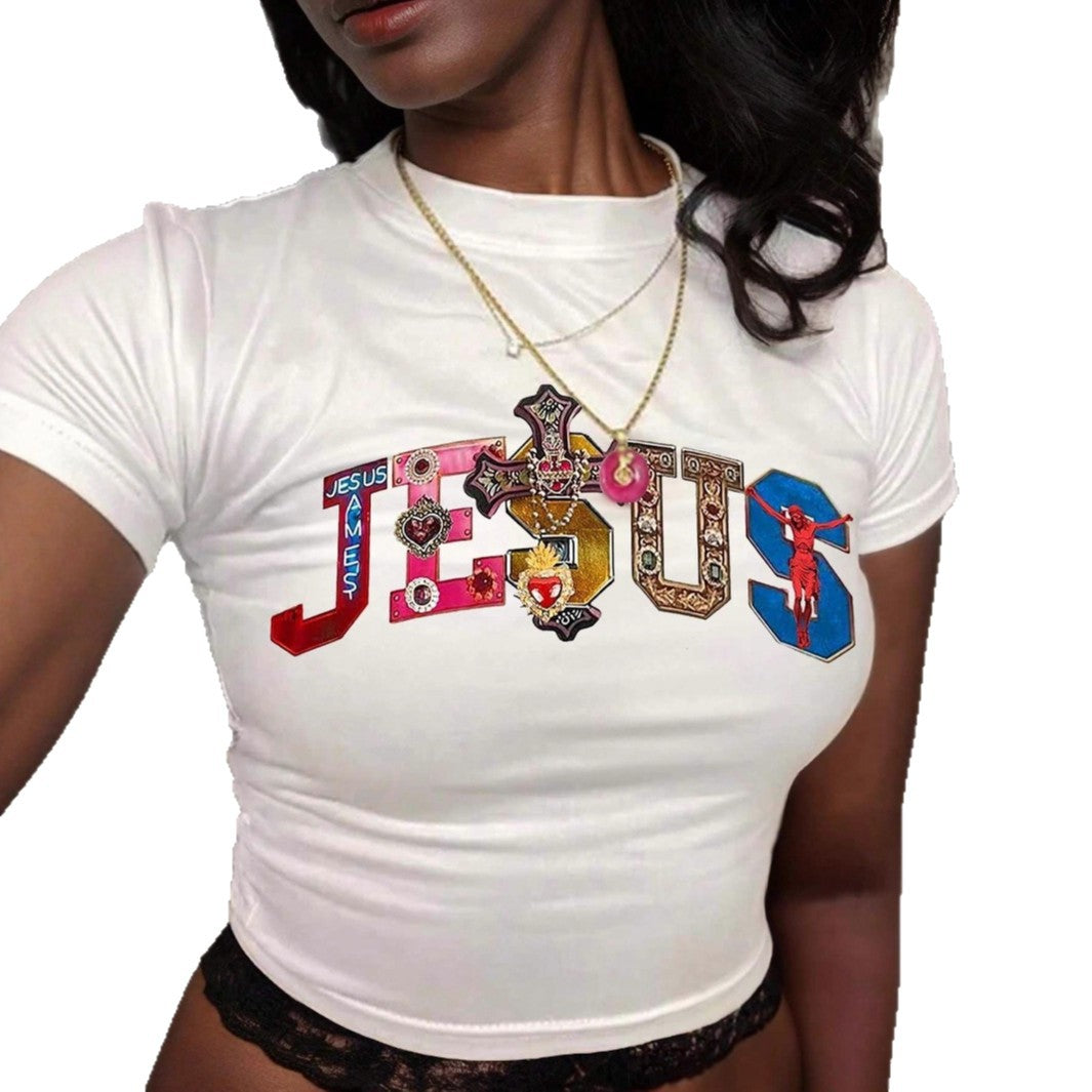 Damer Kortärmad Crop-T-shirt med rolig text Mirla-Eva Jonsson