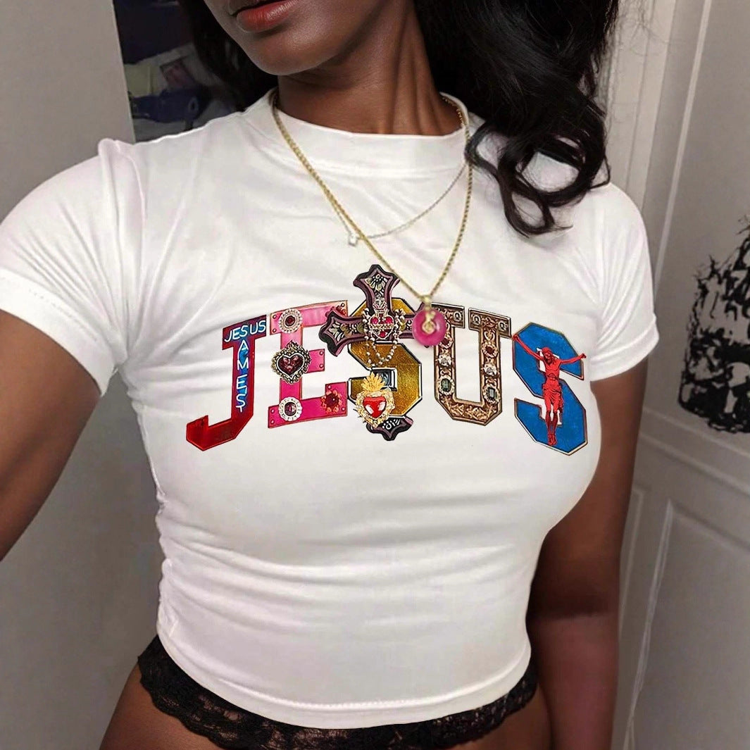 Damer Kortärmad Crop-T-shirt med rolig text Mirla-Eva Jonsson