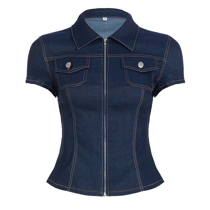 Damer Kortärmad Denim-blus med moderiktig dragkedjedetalj och bröstfickor Mirla-Eva Jonsson