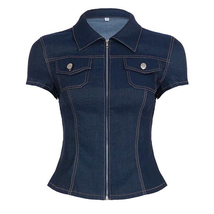 Damer Kortärmad Denim-blus med moderiktig dragkedjedetalj och bröstfickor Mirla-Eva Jonsson