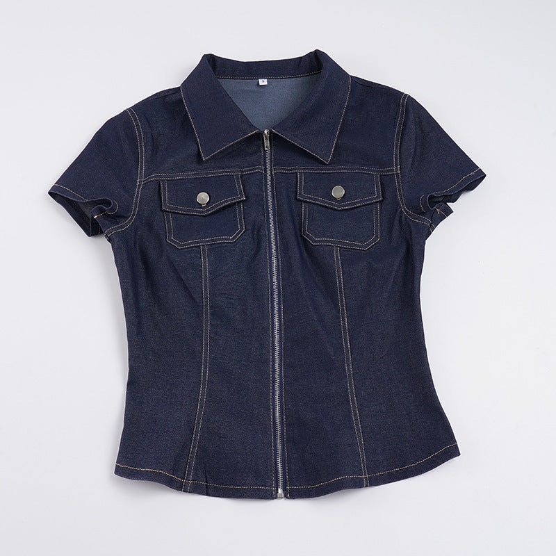 Damer Kortärmad Denim-blus med moderiktig dragkedjedetalj och bröstfickor Mirla-Eva Jonsson