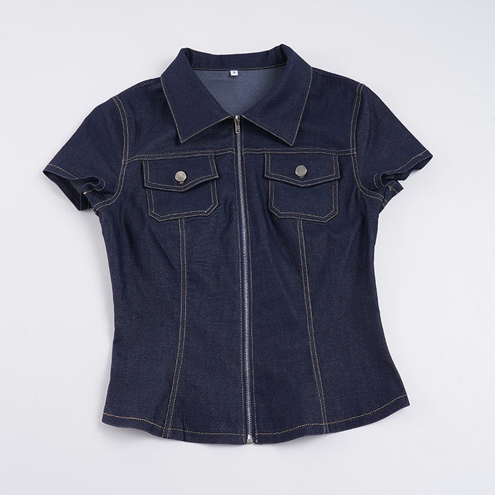 Damer Kortärmad Denim-blus med moderiktig dragkedjedetalj och bröstfickor Mirla-Eva Jonsson