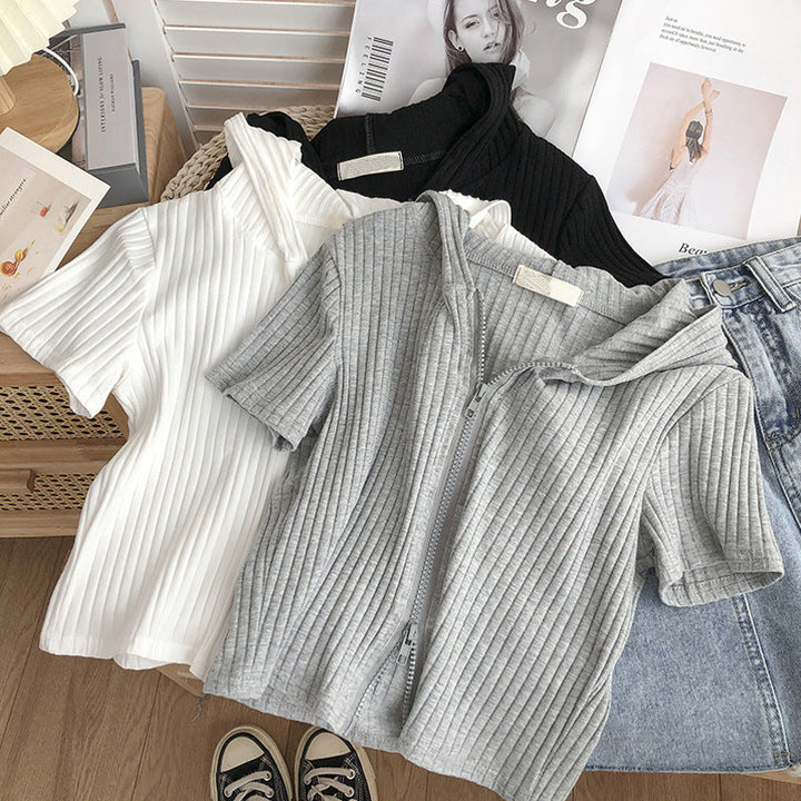 Damer Kortärmad Huva Zip-Up Topp med Ribbad Textur Mirla-Eva Jonsson