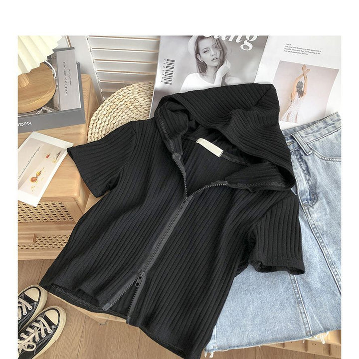 Damer Kortärmad Huva Zip-Up Topp med Ribbad Textur Mirla-Eva Jonsson