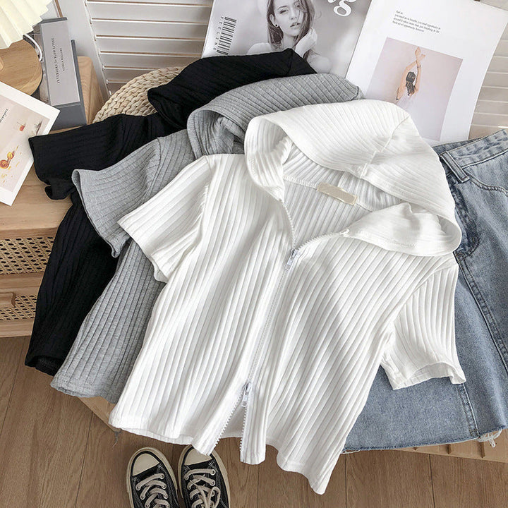 Damer Kortärmad Huva Zip-Up Topp med Ribbad Textur Mirla-Eva Jonsson