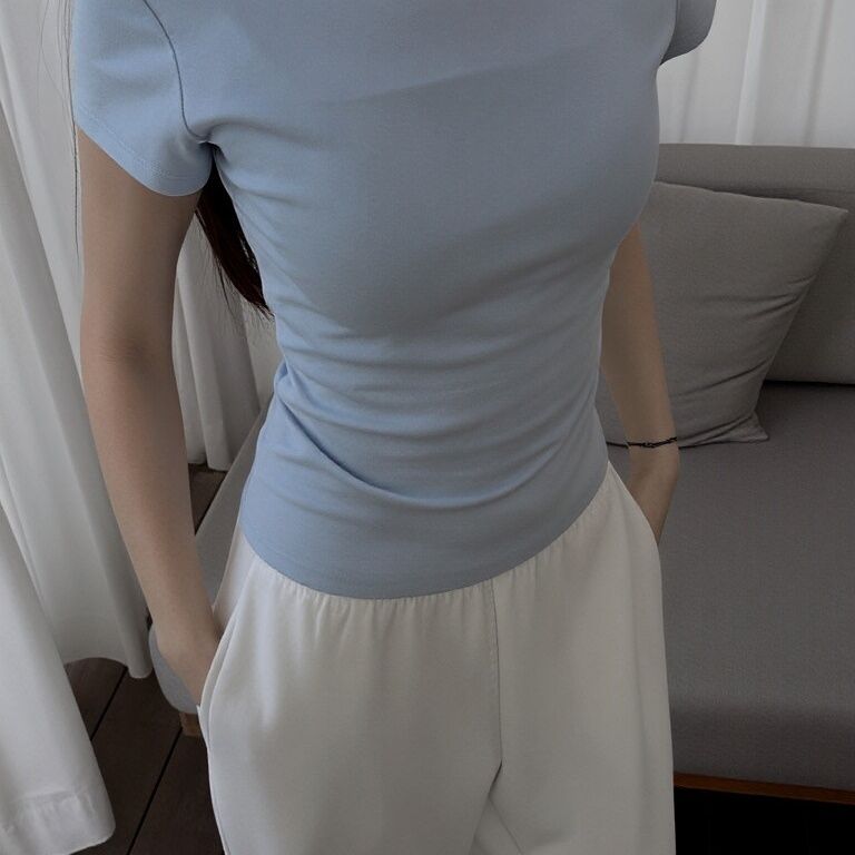 Damer Kortärmad Rundhals T-shirt Enfärgad Slim Fit Blå-Eva Jonsson