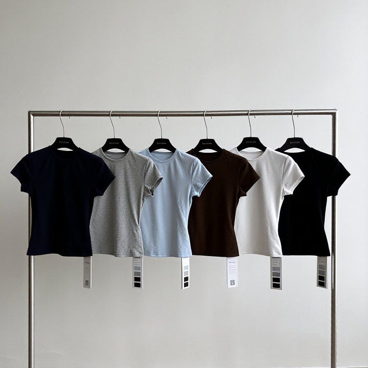 Damer Kortärmad Rundhals T-shirt Enfärgad Slim Fit Blå-Eva Jonsson