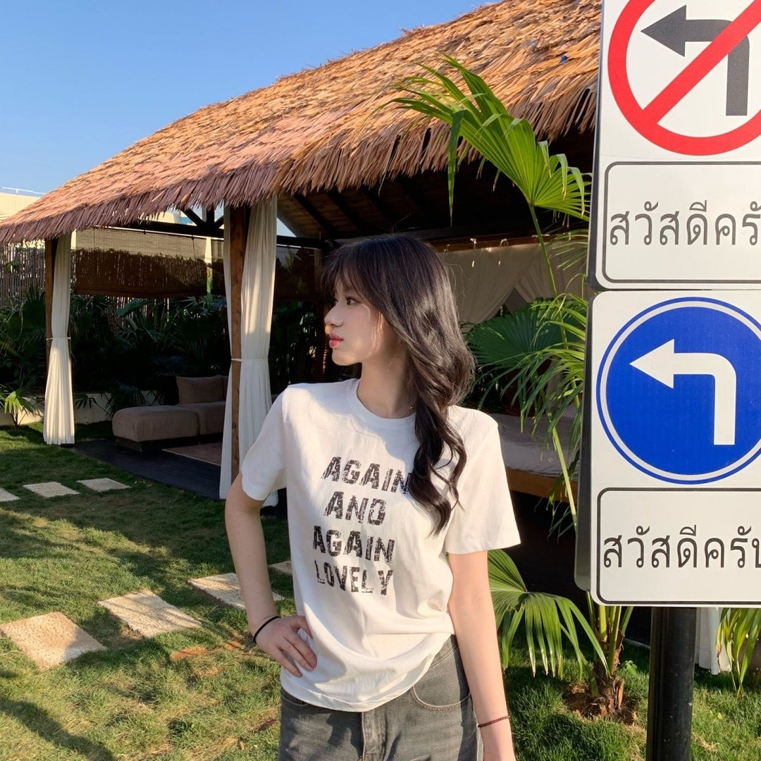 Damer Kortärmad T-shirt med Bokstavstryck Slim Fit Vit-Eva Jonsson