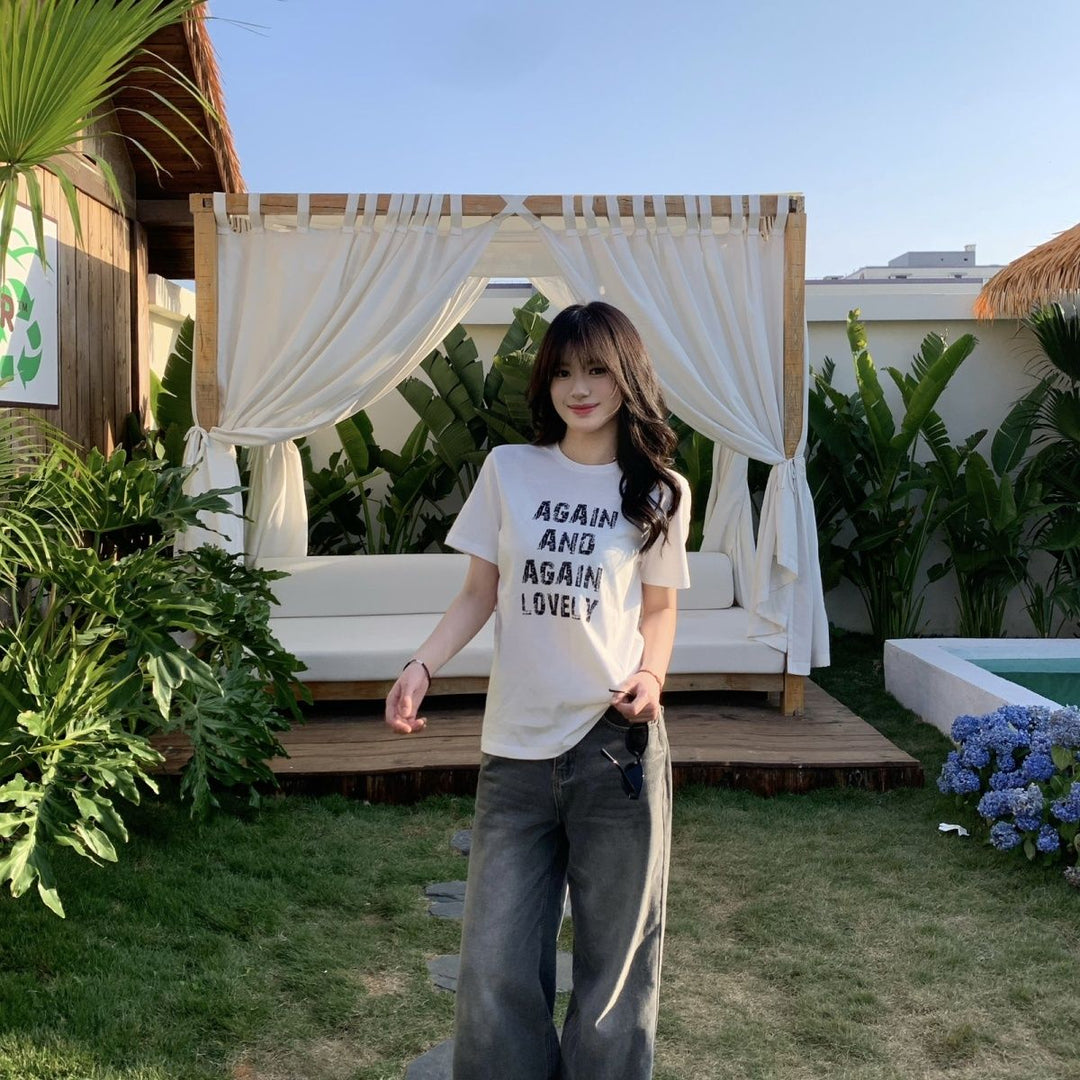 Damer Kortärmad T-shirt med Bokstavstryck Slim Fit Vit-Eva Jonsson