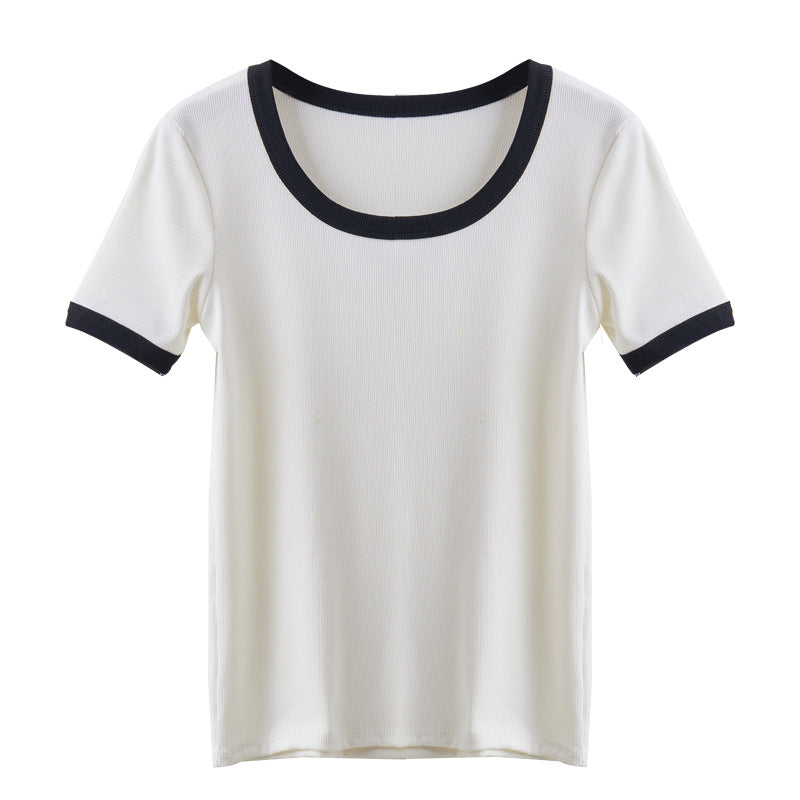 Damer Kortärmad T-shirt med Geometrisk Ribdesign och Kontrastdetaljer Mirla-Eva Jonsson
