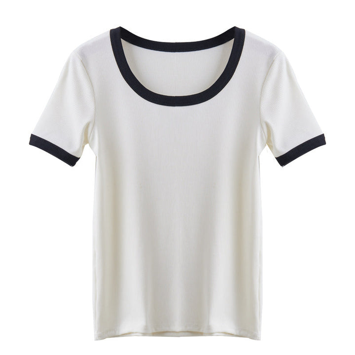 Damer Kortärmad T-shirt med Geometrisk Ribdesign och Kontrastdetaljer Mirla-Eva Jonsson