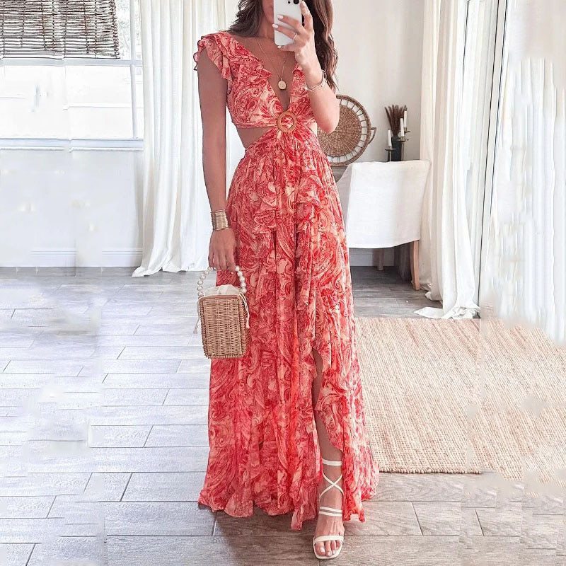 Damer Lång Maxi Klänning med Elegant Cut-Out Design och Volang Halslinning Mirla-Eva Jonsson