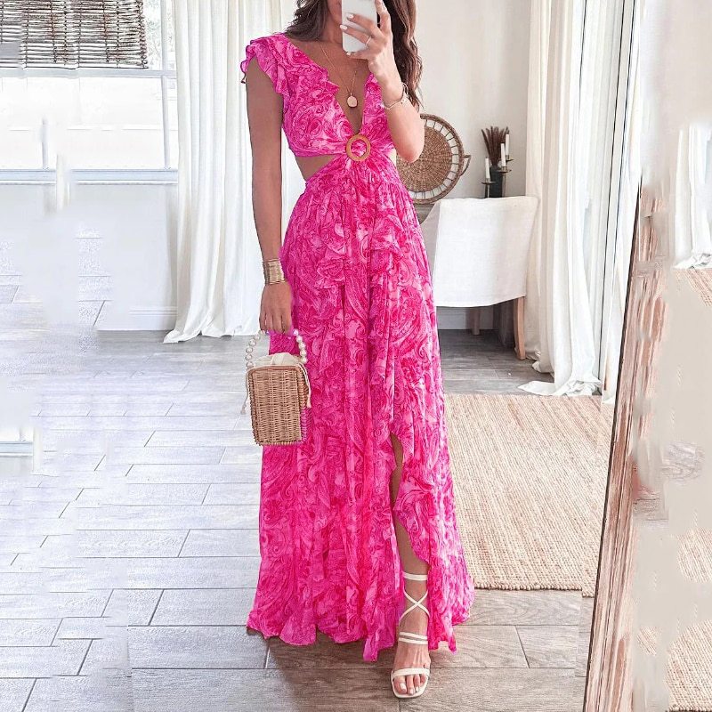 Damer Lång Maxi Klänning med Elegant Cut-Out Design och Volang Halslinning Mirla-Eva Jonsson