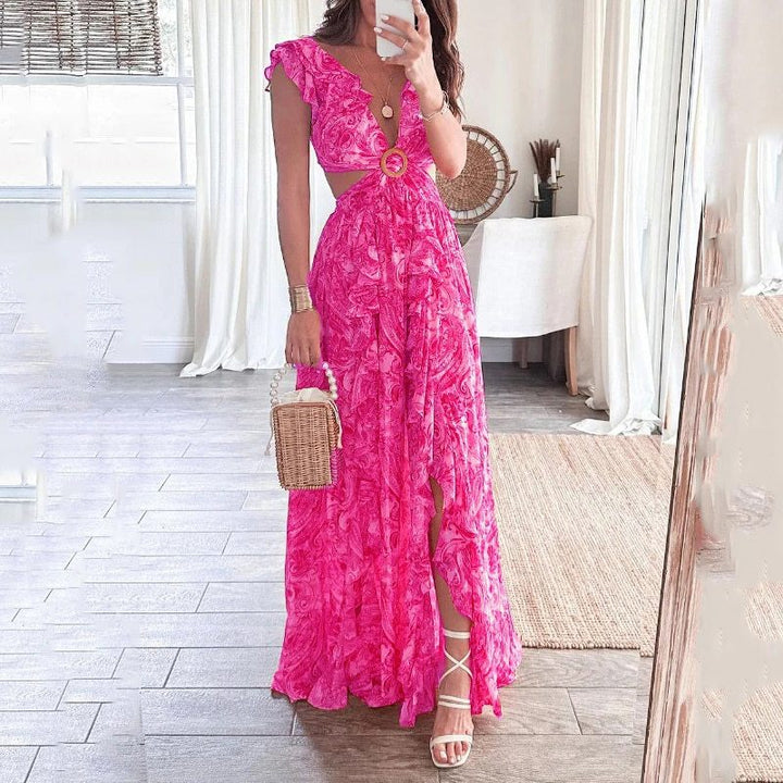 Damer Lång Maxi Klänning med Elegant Cut-Out Design och Volang Halslinning Mirla-Eva Jonsson