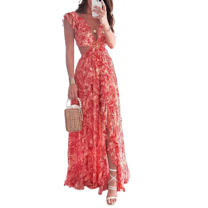 Damer Lång Maxi Klänning med Elegant Cut-Out Design och Volang Halslinning Mirla-Eva Jonsson