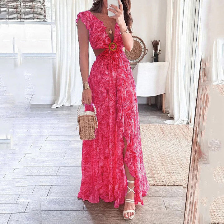 Damer Lång Maxi Klänning med Elegant Cut-Out Design och Volang Halslinning Mirla-Eva Jonsson