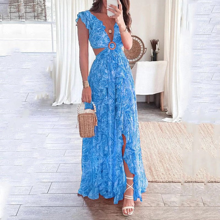 Damer Lång Maxi Klänning med Elegant Cut-Out Design och Volang Halslinning Mirla-Eva Jonsson