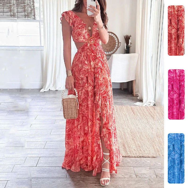 Damer Lång Maxi Klänning med Elegant Cut-Out Design och Volang Halslinning Mirla-Eva Jonsson