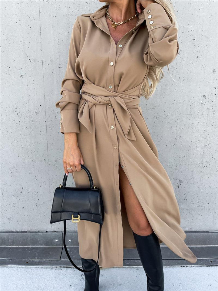 Damer Lång Skjortblus med Knytbälte och Elegant Material Mirla-Eva Jonsson