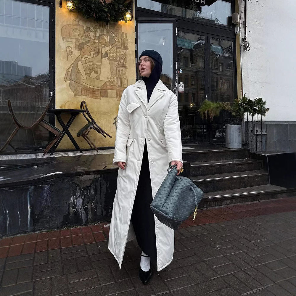 Damer Lång vadderad jacka med elegant revers Mirla-Eva Jonsson