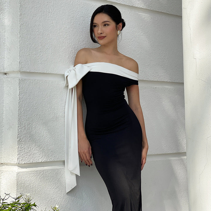 Damer Långärmad Aftonklänning med off-shoulder design och raffinerade sladdetällningar Mirla-Eva Jonsson