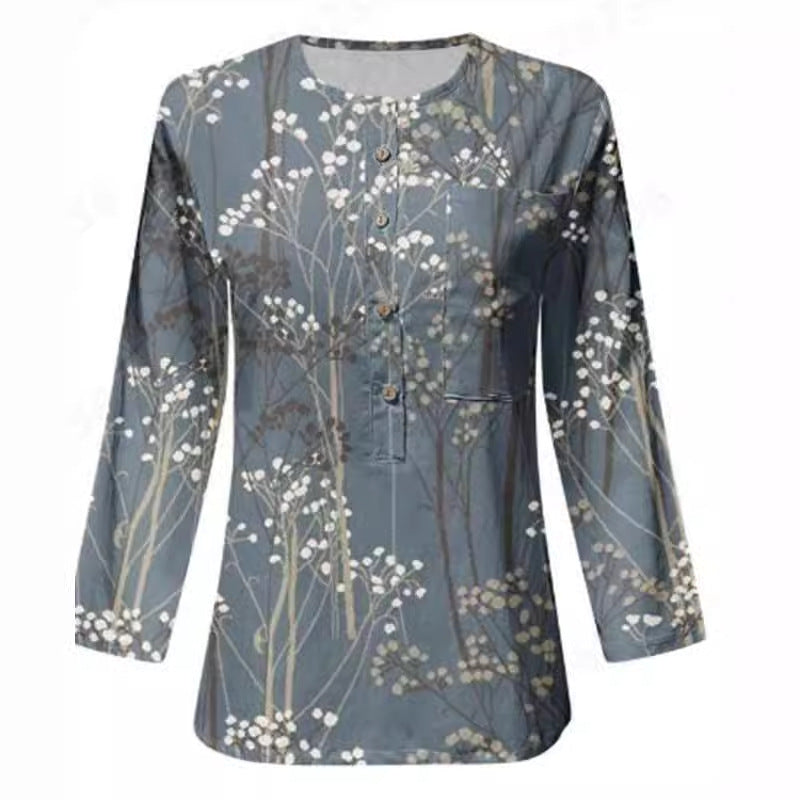 Damer Långärmad Blus med Knappslå och Blommönster Mirla-Eva Jonsson