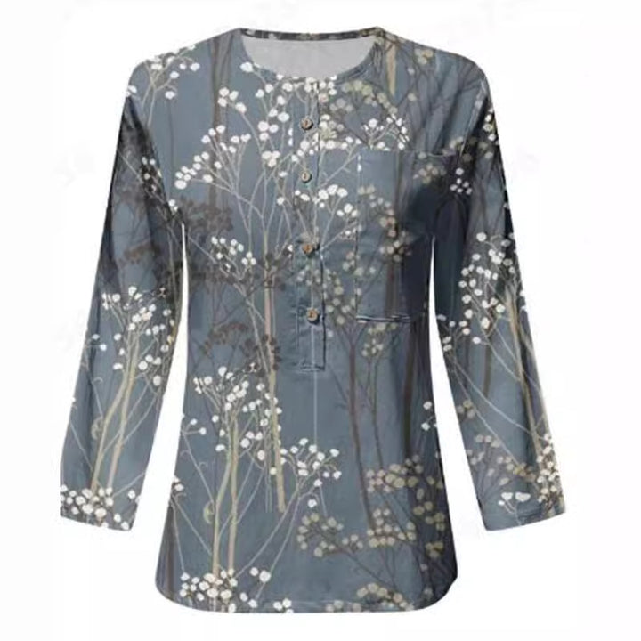 Damer Långärmad Blus med Knappslå och Blommönster Mirla-Eva Jonsson