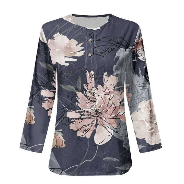 Damer Långärmad Blus med Knappslå och Blommönster Mirla-Eva Jonsson