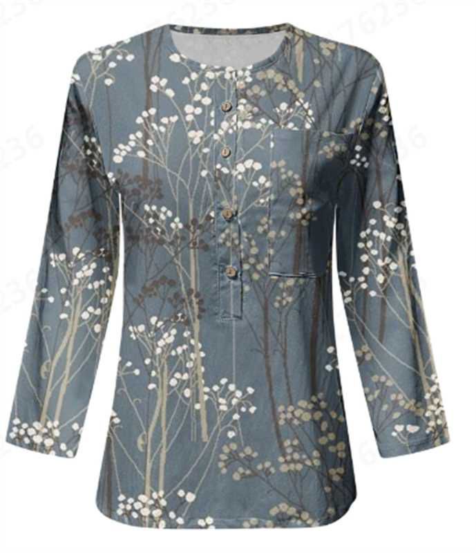 Damer Långärmad Blus med Knappslå och Blommönster Mirla-Eva Jonsson