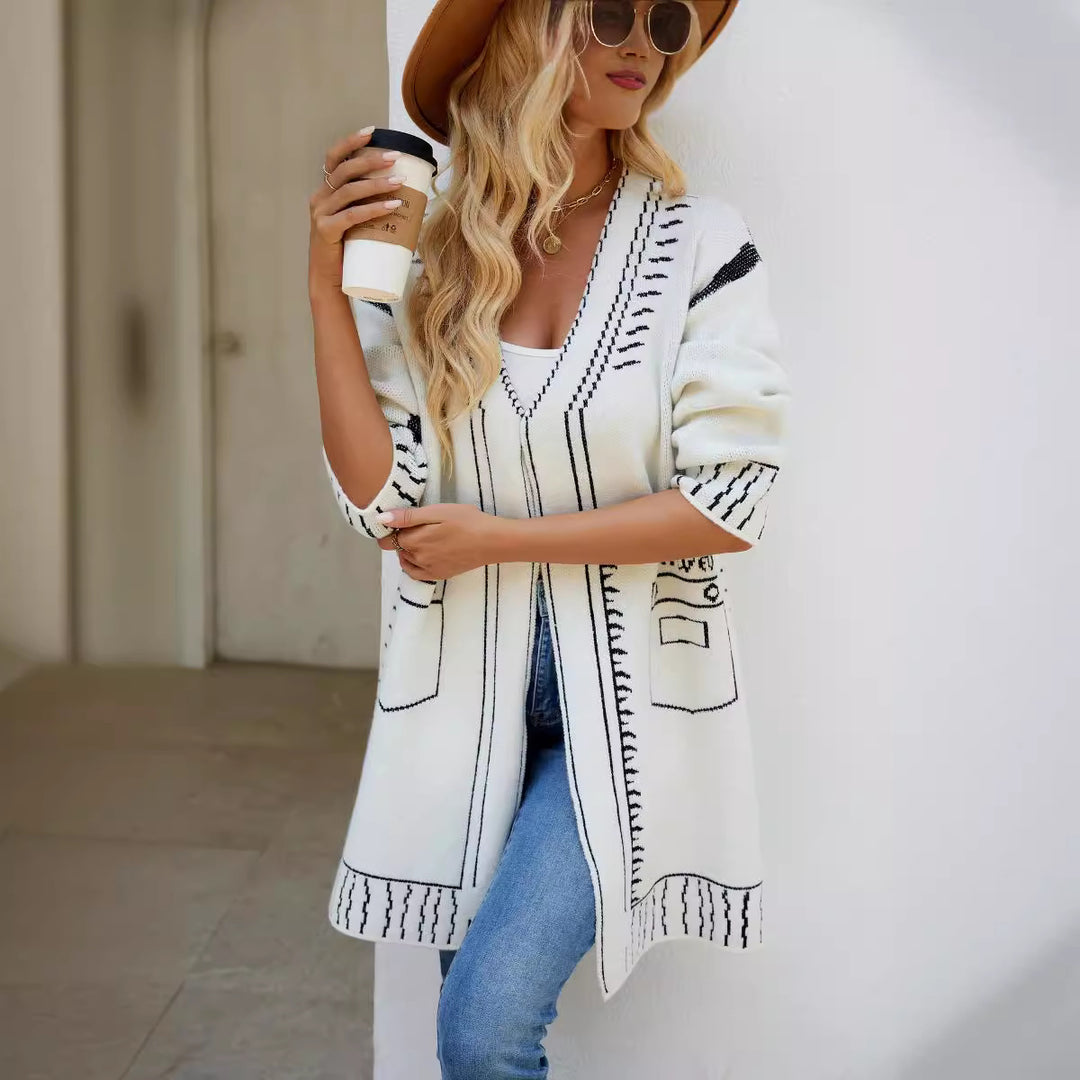 Damer Långärmad Cardigan med grafisk design och praktiska fickor Eva Jonsson-Eva Jonsson